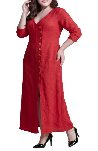 Standards & Practices Button Front Slit Maxi Dress In Red
