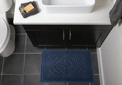 Dii Jacquard Bordered Bath Mat, 20x31" In Navy Damask