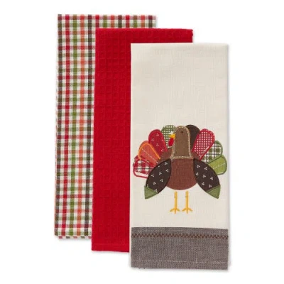Dii Fall Turkey Embroidered Assorted Dishtowel Set/3 In Fall Turkey