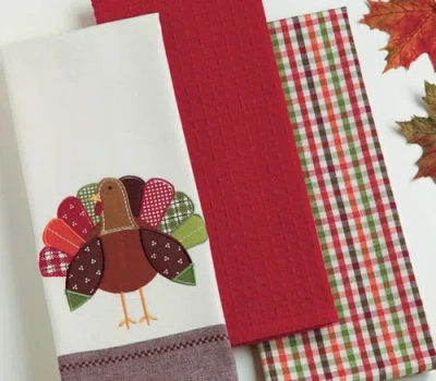 Dii Fall Turkey Embroidered Assorted Dishtowel Set/3 In Fall Turkey