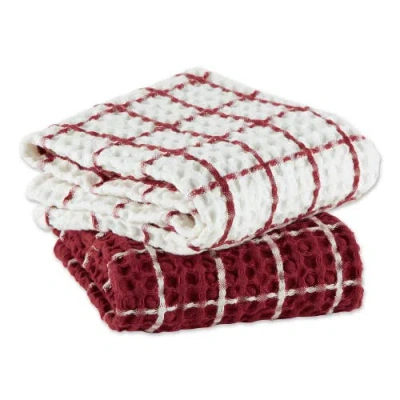Dii Windowpane Oversized Washed Waffle Dishtowel Set/2 In Barn Red