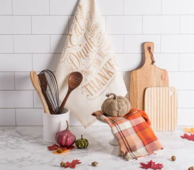 Dii Asst Check Fall Be Thankful Printed Dishtowel Set/2 In Be Thankful