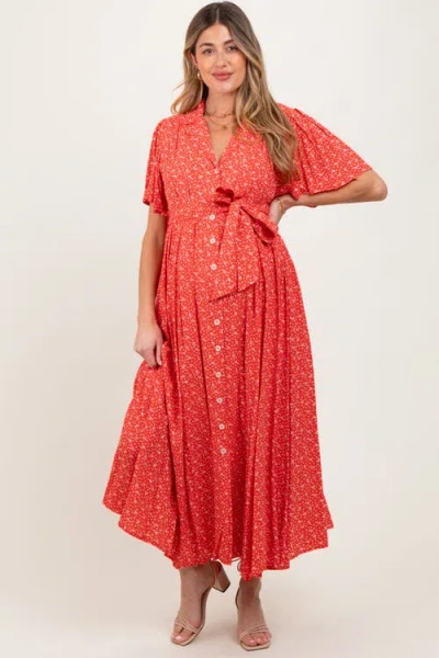 Pinkblush Flutter Sleeve Button Down Maxi Dress In Red