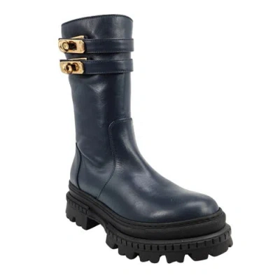 Madison Maison Shearling Lined Buckle Strap Platform Boots In Navy