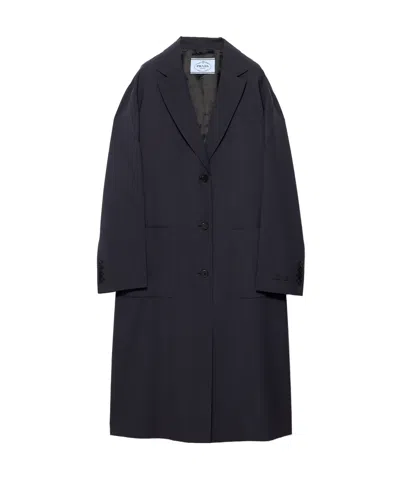 Prada Single-breasted Light Wool Coat In Blue