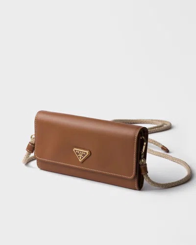 Prada Wallet With Shoulder Strap In Cognac