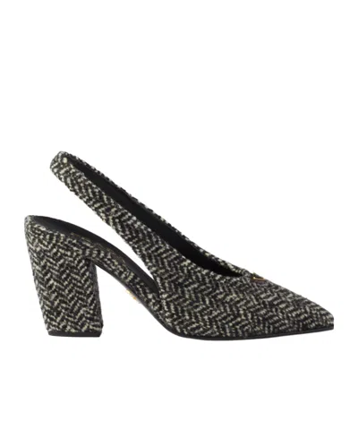 Prada White And Black Slingback Pumps In Chevron Fabric In Black