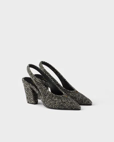 Prada White And Black Slingback Pumps In Chevron Fabric In Black