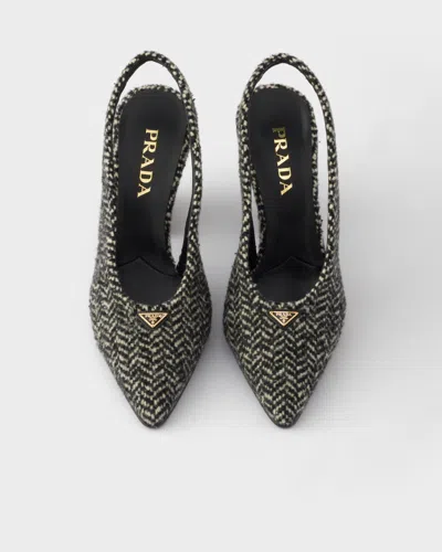 Prada White And Black Slingback Pumps In Chevron Fabric In Black