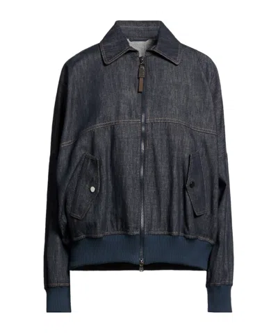 Brunello Cucinelli Women Denim-effect Twill Bomber Jacket With Shiny Zip In Blue