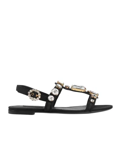 Dolce & Gabbana Women Black Sandals With Embroidered Stones Decorations In Satin Woman In Black