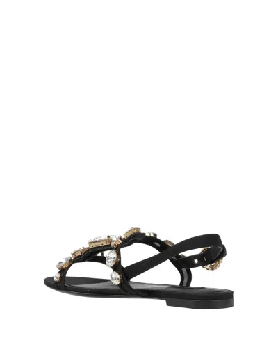 Dolce & Gabbana Women Black Sandals With Embroidered Stones Decorations In Satin Woman In Black