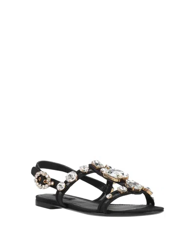 Dolce & Gabbana Women Black Sandals With Embroidered Stones Decorations In Satin Woman In Black