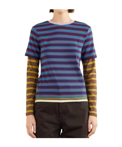 Staud Dillon Layered Striped Stretch Cotton-jersey T-shirt In Blue