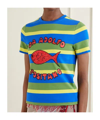 Staud Striped Print T-shirt In Blue