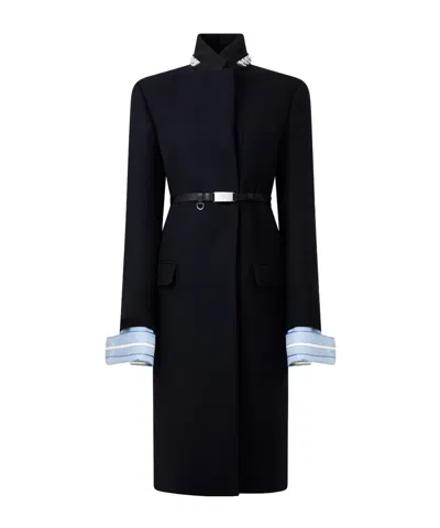 Prada Belted Jacket Embellished Collar Front Pockets In Black