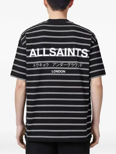 Allsaints Undergorund Logo-print Horizontal-stripe T-shirt In Black