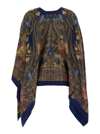 Etro Wool-blend Floral Cape In Multicolor