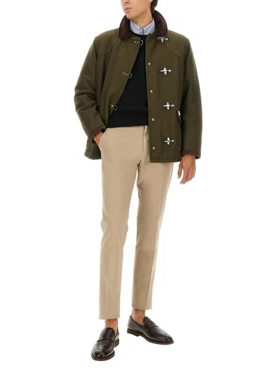 Fay 4-hook Jacket In Brown With Ribbed Collar In Green