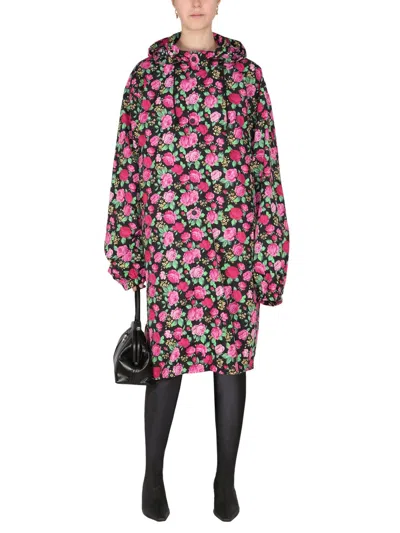 Balenciaga Floral Pattern Jacket With Hood And Drawstring In Brown