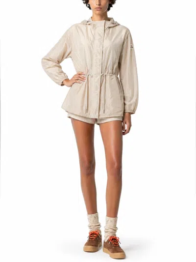 Moncler Weteau Ruched-trim Hooded Mid-length Jacket In Neutral