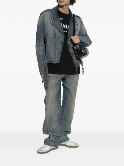 Balmain Belted Biker-style Denim Jacket In Blue