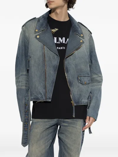 Balmain Belted Biker-style Denim Jacket In Blue