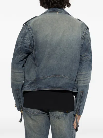 Balmain Belted Biker-style Denim Jacket In Blue