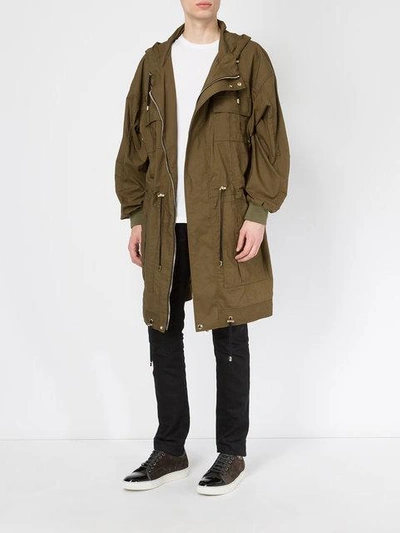 Shop Balmain Flap Pocket Parka Coat In Green