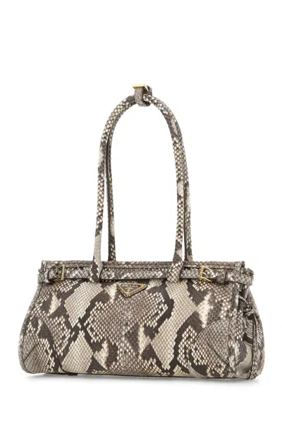 Prada Medium Bonnie Shoulder Handbag In Python Leather With Golden Metal Hardware In White