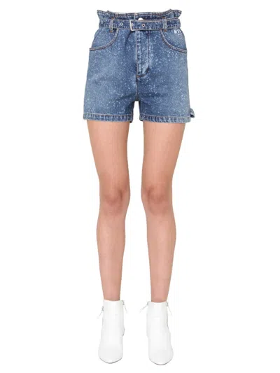 Msgm High-waisted Denim Shorts With Paperbag Waist In Blue