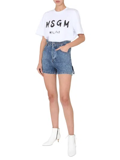 Msgm High-waisted Denim Shorts With Paperbag Waist In Blue