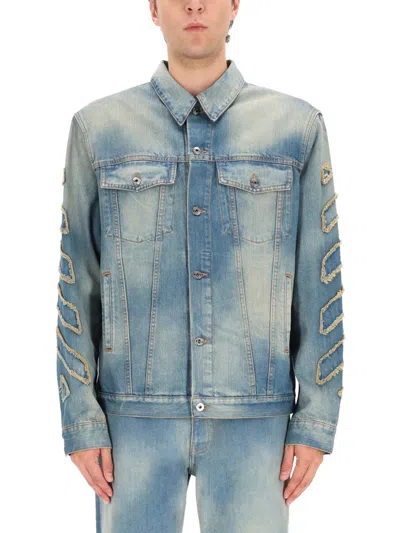 Off-white Raw Patch Distressed Denim Jacket In Blue