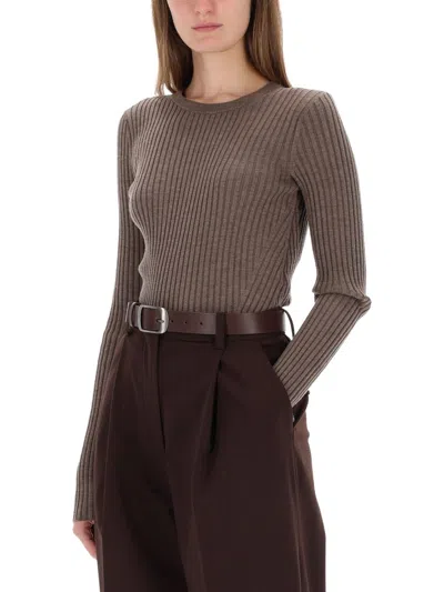 Helmut Lang Ribbed Wool Open Back Blouse In Brown