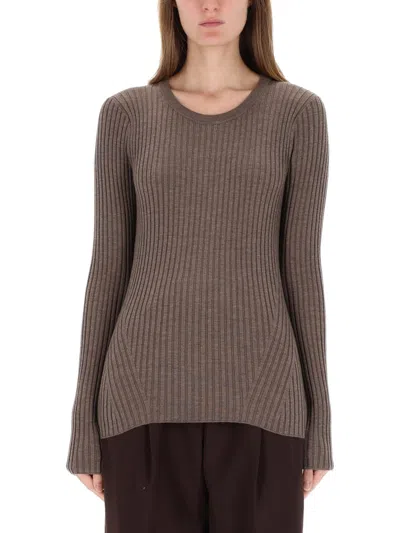 Helmut Lang Ribbed Wool Open Back Blouse In Brown