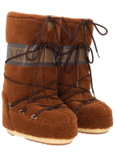 Moon Boot Faux Fur Flat Sole High Ankle Boots In Brown