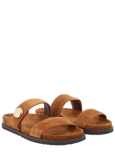 Tory Burch Romy Brown Sandals With Logo Plaque On The Front In Suede Woman In Brown