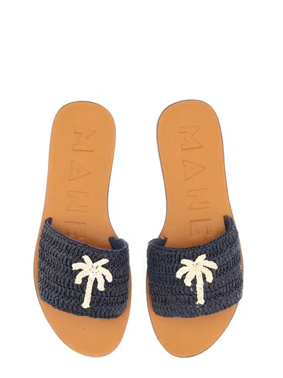 Manebi Embroidered Open Toe Flat Sole Sandals In Black