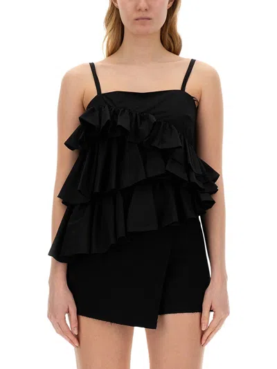 Msgm Ruched Cotton Top In Black