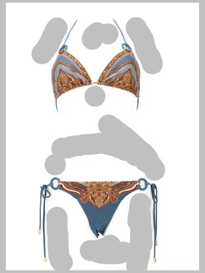 Zimmermann Floral Print Mini Drawstring Bikini Top In Blue