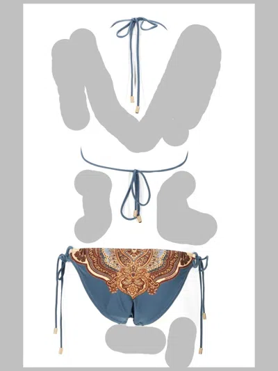 Zimmermann Floral Print Mini Drawstring Bikini Top In Blue