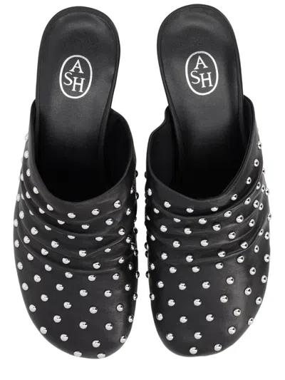 Ash Leather Kitten Heel Mules Open Back In Black