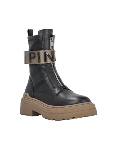 Pinko Leather Combat Boots With Branded Front Stretch Ribbon In Multi