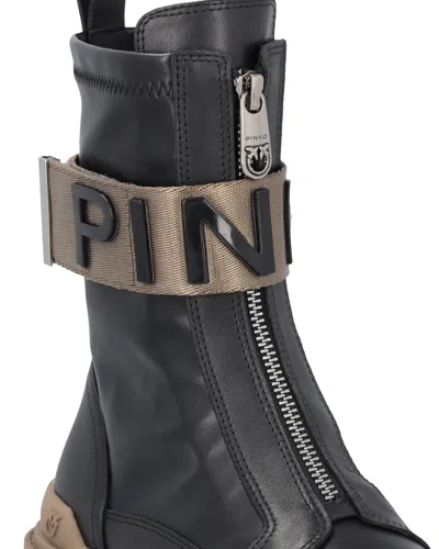 Pinko Leather Combat Boots With Branded Front Stretch Ribbon In Multi