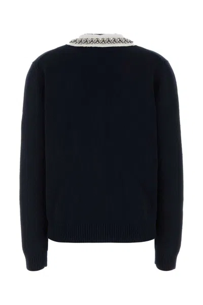 Prada Crystal-collar Wool Blend Cardigan In Navy