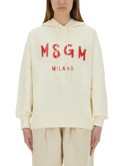 Msgm Brushed Logo Cotton Sweatshirt In White
