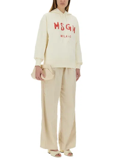 Msgm Brushed Logo Cotton Sweatshirt In White