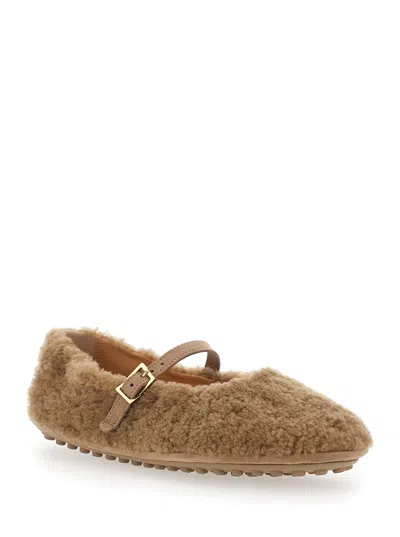 Tod's Buckle-strap Shearling Ballet Flats In Brown