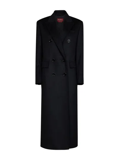 Max Mara Studio Double-breasted Virgin Wool Long Jacket In Blue