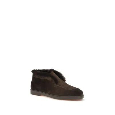 Santoni Suede Fur Trim Ankle Height Loafers In Brown